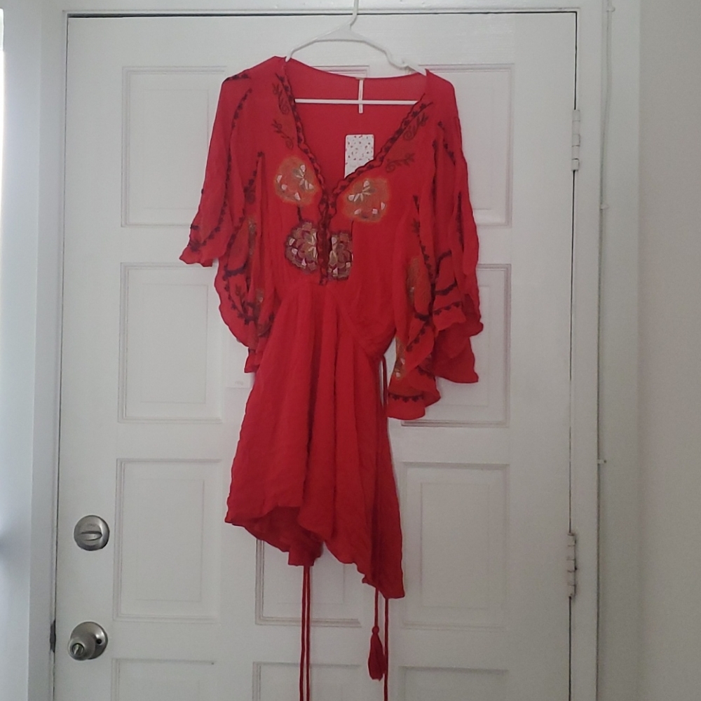 FREE PEOPLE Cora Embroidered Mini Dress - Red